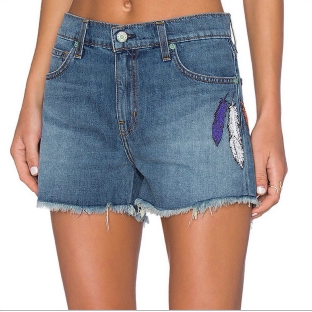 Sandrine Rose cut off denim shorts with embroidered feathers. Vintage. Sz 27